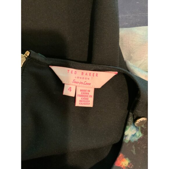 Ted Baker Black Multicolor Floral Patterned Sheath Dress W/ Draped Side, Size 4 - Picture 7 of 7